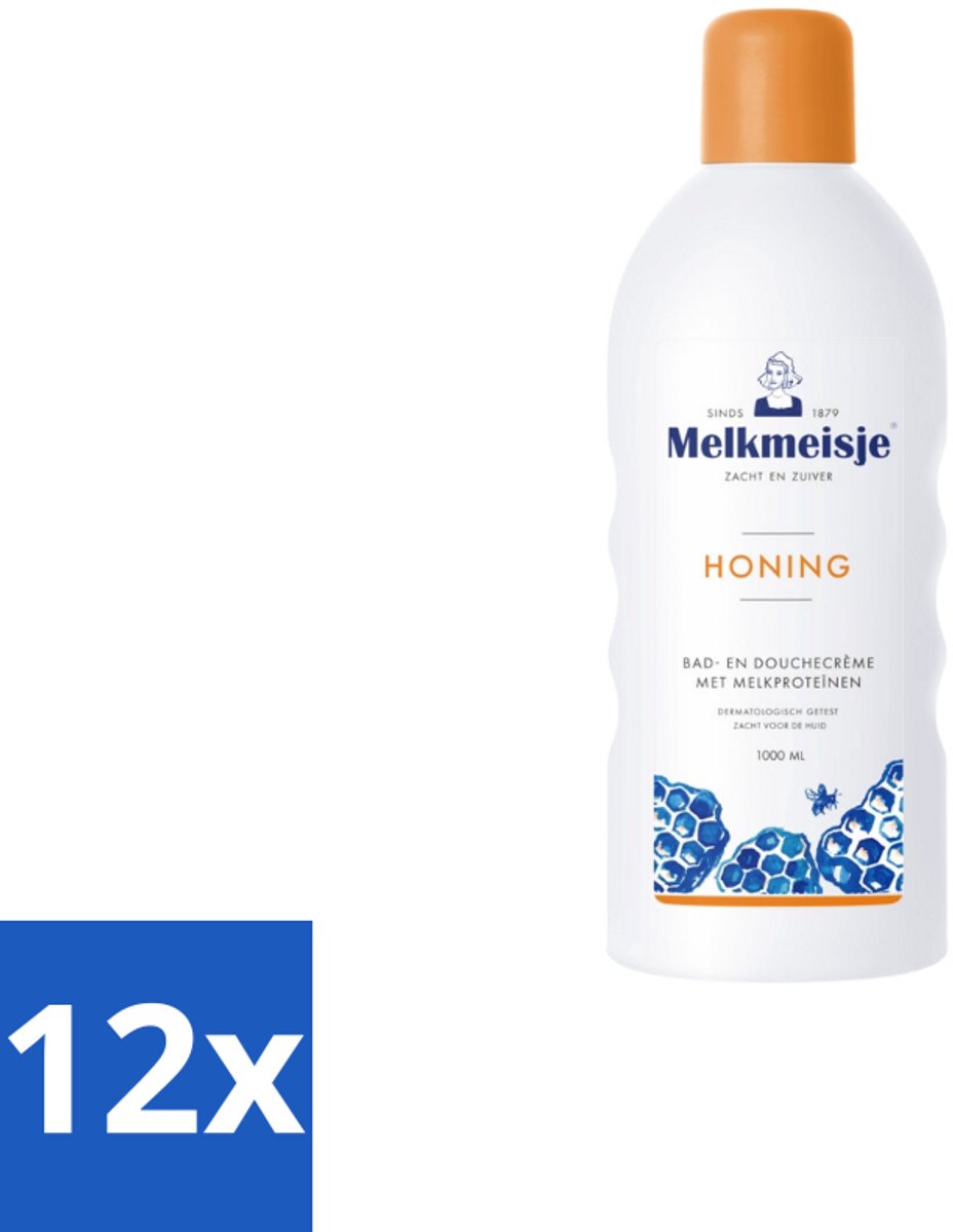 12 x Melkmeisje – Bad & Douche – Honing – 1000 ml - Bad En Douche Crème - Honing Crème - Natuurlijke Honing - Voedende Crème - Gezonde Huid