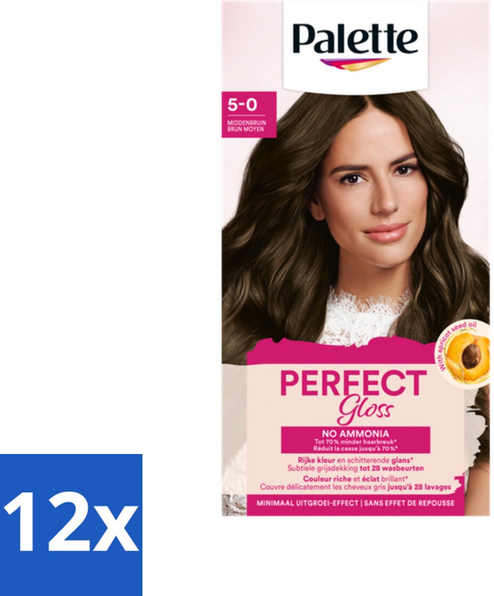 12 x Palette - Haarverf - Perfect Gloss 5 Medium Brown - Haarkleur - Ammoniakvrije Haarkleuring - Glanzende Haarkleur - Haaruitwasbaar - Grijsdekking