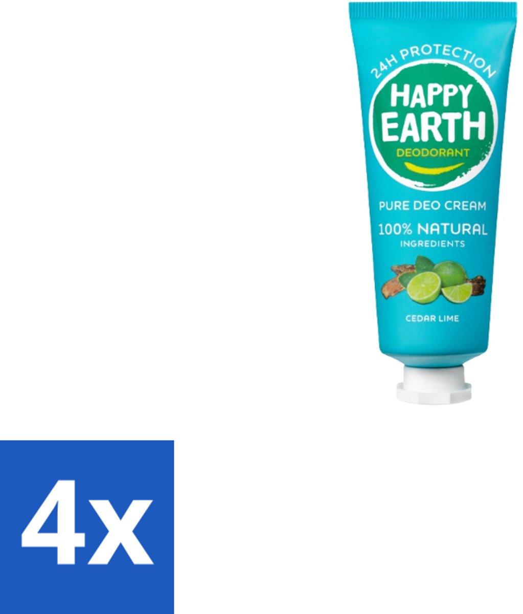 4 x Happy Earth – Deodorant Cream – 100% Natuurlijk Cedar Lime – 40 ml - Natuurlijke Deodorant - Deodorant Crème - Frisse Geur - Cederhout - Limoen