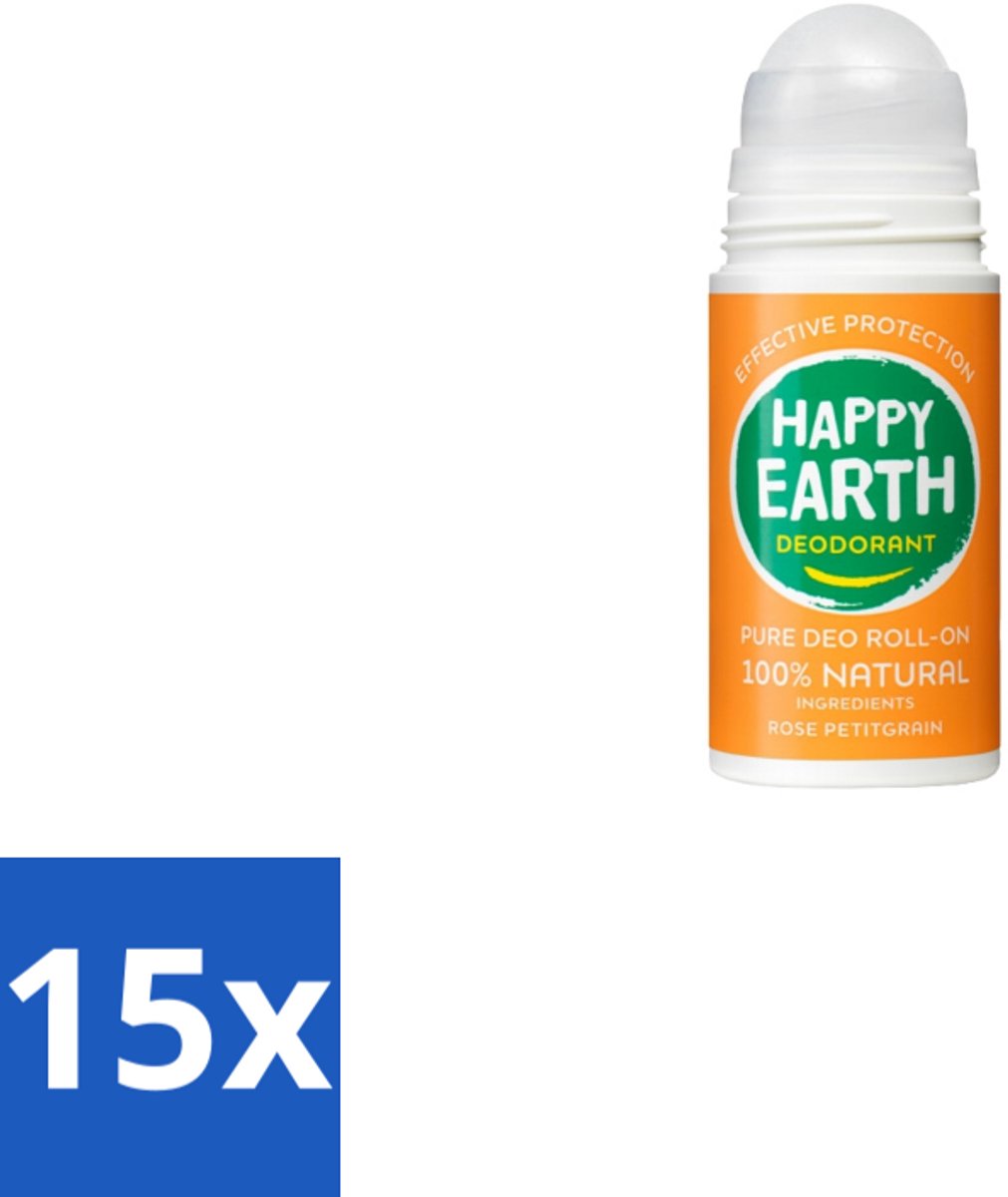 15 x Happy Earth – Deodorant Roll-On – 100% Natuurlijk Rose Petitgrain – 75 ml - 100% Natuurlijk Deodorant - Roll-on Deodorant - Bloemige Geur - Frisse Geur - Anti-irritatie