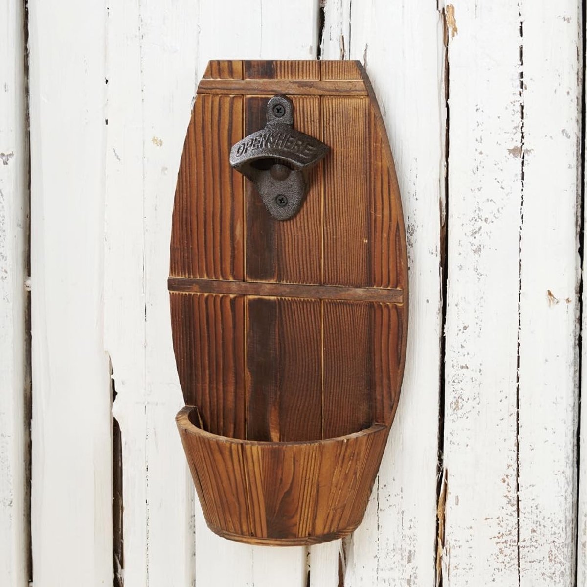 Muurbevestigde Houten Flessenopener in Vintage Stijl met Dopverzamelaar, Perfect Cadeau voor Mannen en Bierliefhebbers, Ideaal voor Bar Decoratie en Feestjes