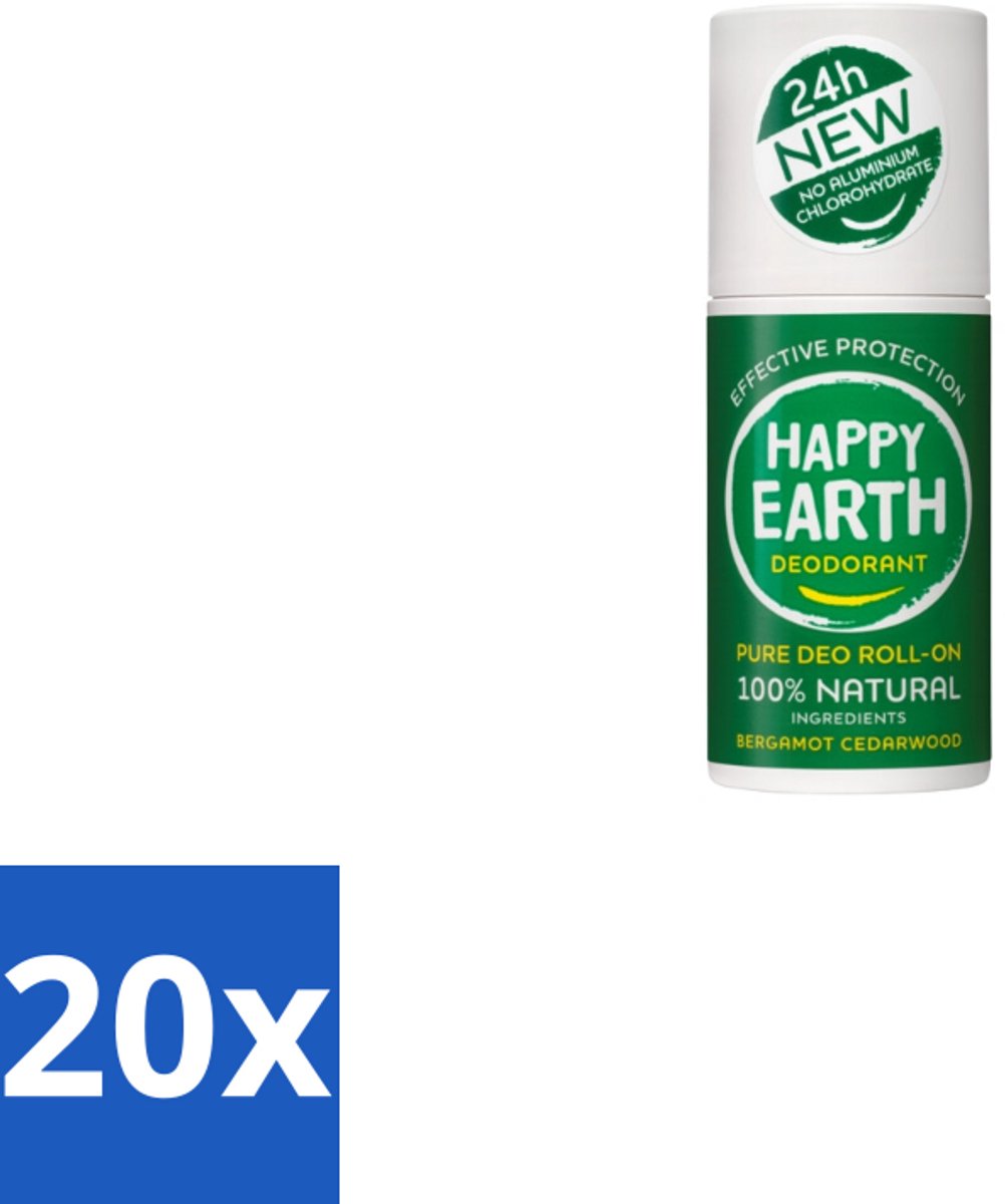 20 x Happy Earth – Deodorant Roll-On – 100% Natuurlijk Bergamot Cedarwood – 75 ml - Natuurlijke Deodorant - Bergamot - Cederhout - Roll-on Deodorant - 24 Uur Geurvervoeging