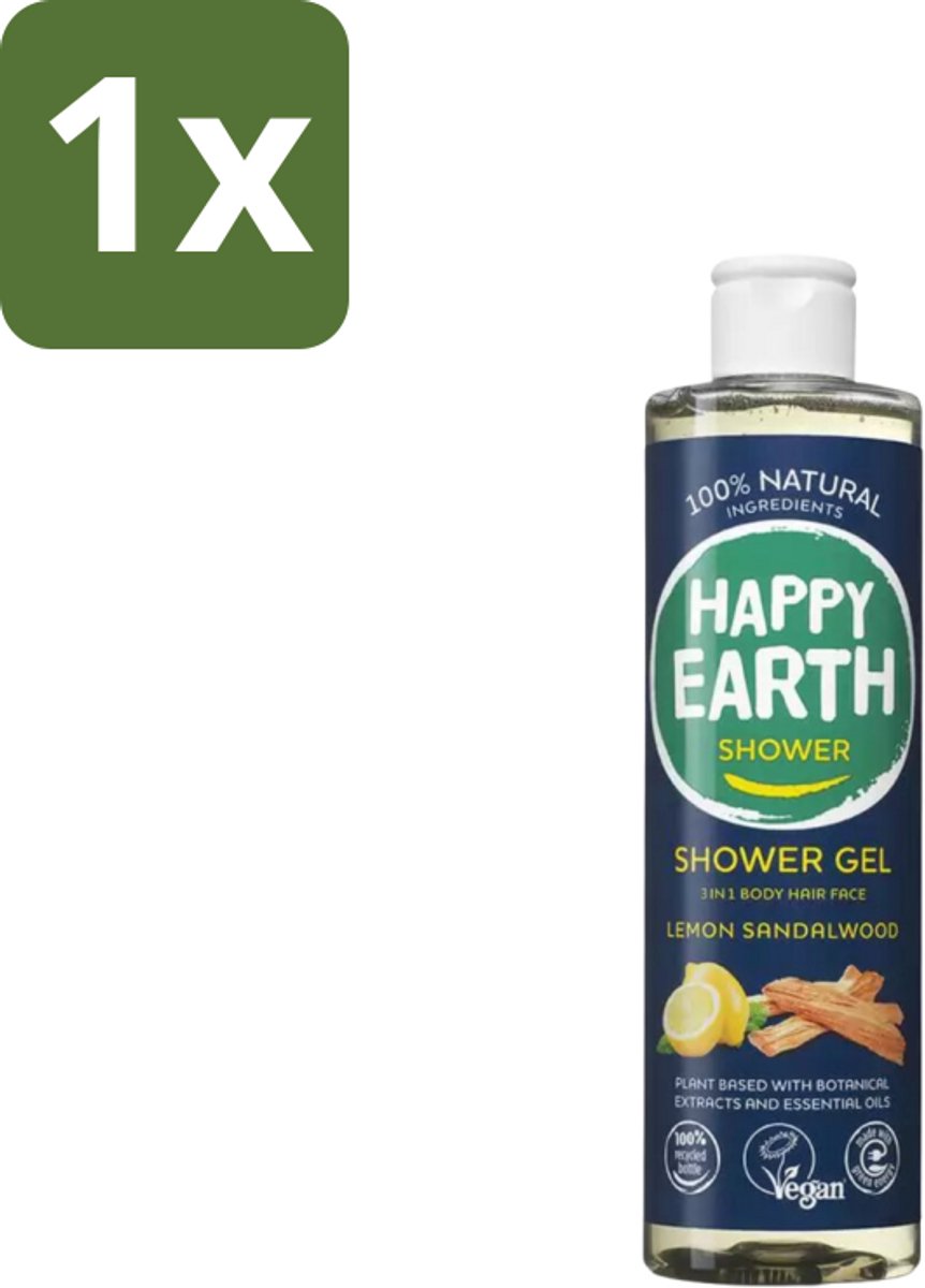 1 x Happy Earth – Douchegel – 100% Natuurlijk Men Protect – 300 ml - Douchegel Mannen - Natuurlijke Douchegel - Vegan Douchegel - 3-in-1 Douchegel - Gezichtsreiniging
