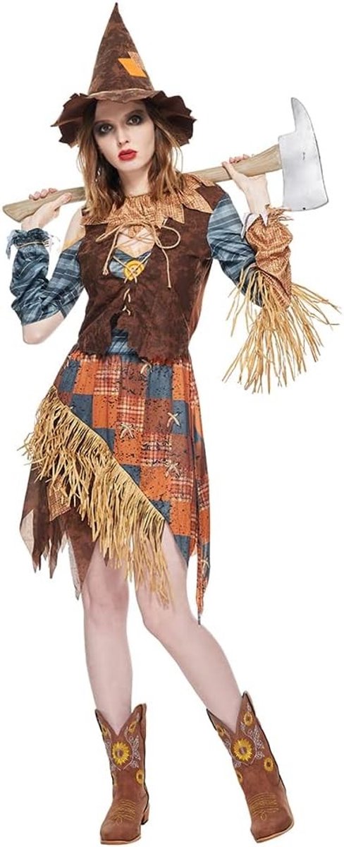 Creepy Scarecrow Kostuum voor Volwassenen - Griezelige Halloween Outfit met Hoed en Accessoires