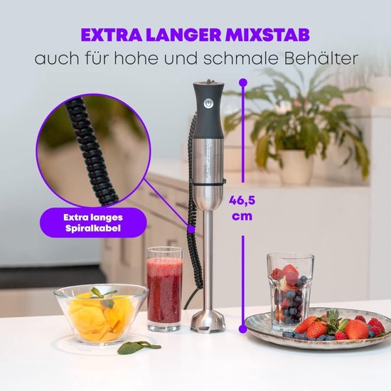Handmixer RVS - Stafmixer Keuken - Eten Bereiden - Krachtige Motor 1000W - 27 cm Staaf - Zwart — afbeelding 4
