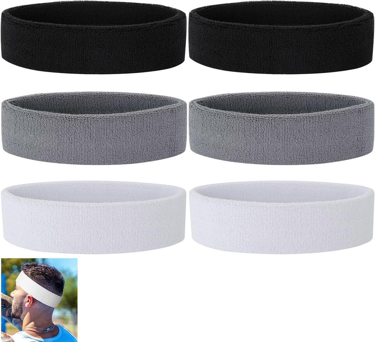 Sport Hoofdbanden - Zweetbanden Set - Actief Blijven - Elastisch Ademend Materiaal - 6 Stuks 18x5cm - Zwart Grijs Wit