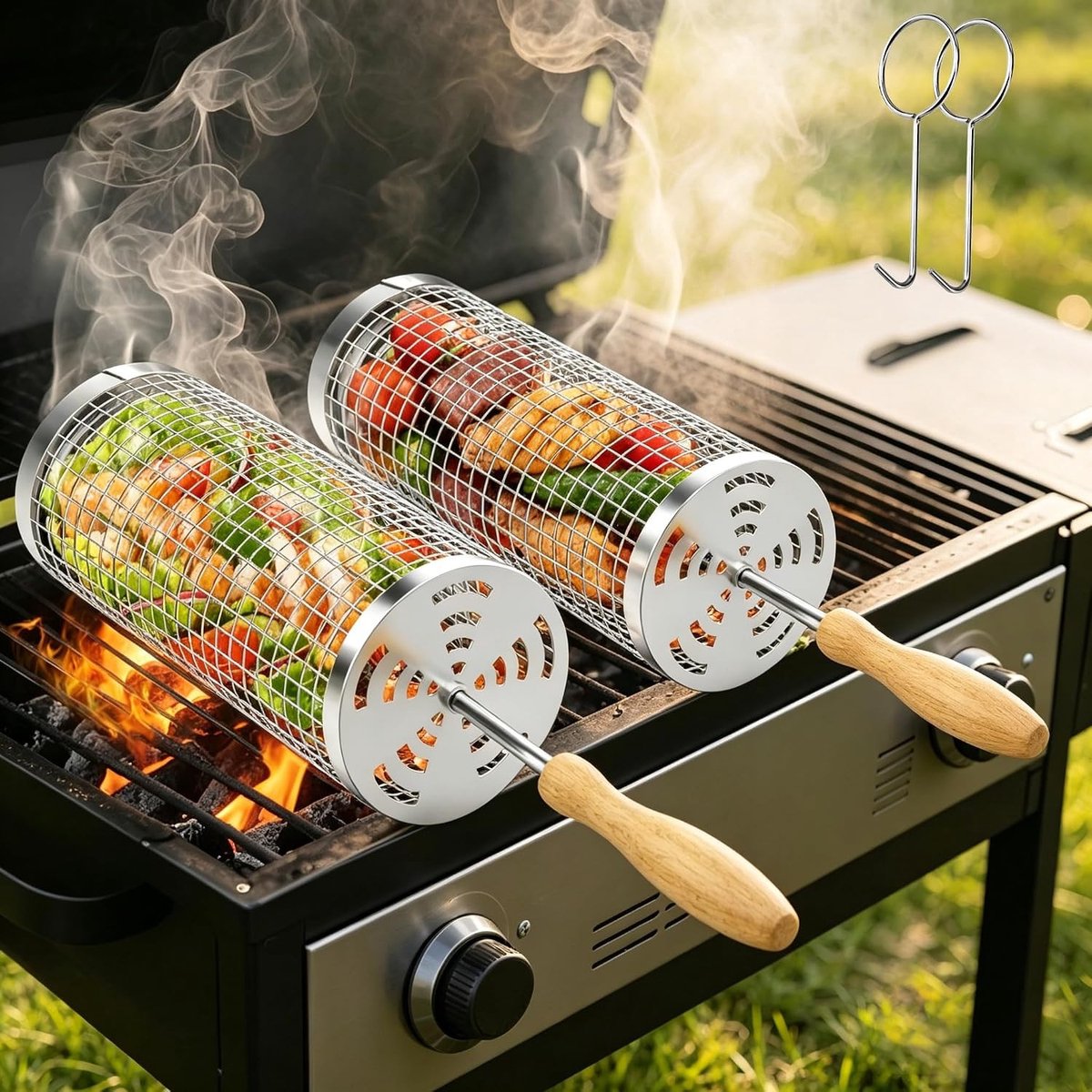 Grillmanden voor Buiten: RVS Accessoires voor Groenten en Klein Vlees, Rotating Grill Basket met Afneembare Houten Handgreep voor Camping en BBQ