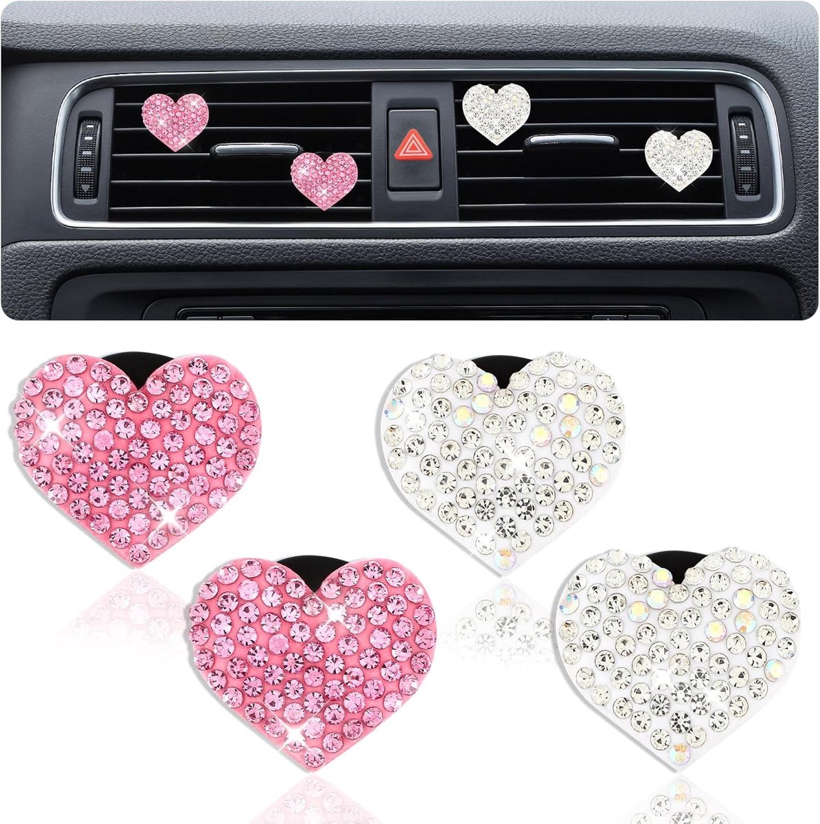 4 Stuks Auto Luchtverfrisser Clips met Glitter en Hartdecoratie - Aromatherapie en Interieurdecoratie voor Auto en Thuis (Roze, Wit)