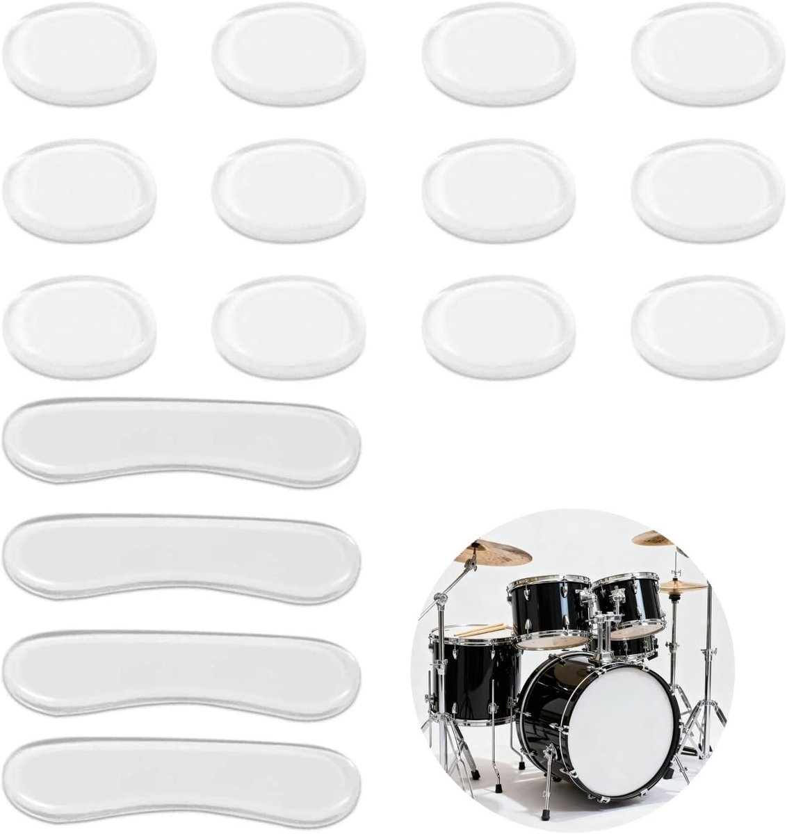Drum Demper Gel Pads voor Geluiddemping - 12 Ovale en 4 Lange Siliconestrips voor Drumkit Controle en Geluidsisolatie