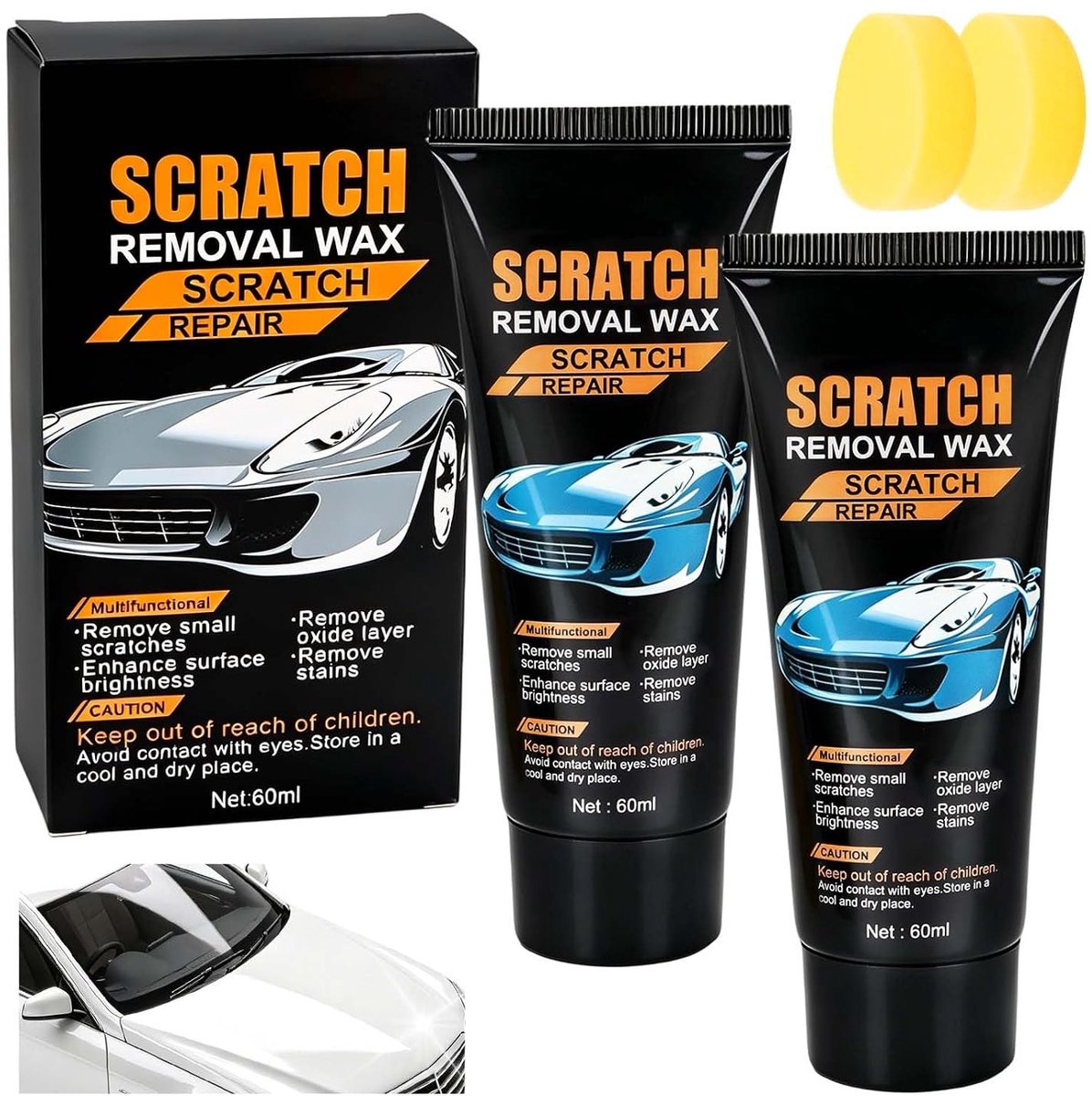 Set van 2 Auto Krassen Verwijderaar 120ml - Snelle Reparatie Pasta met Spons en Doek, 3-in-1 Diepe Polijstmiddel voor Auto Krassen, Effectieve Krassen Verwijdering