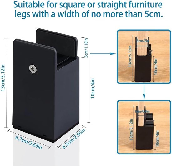 Verstelbare meubelpootverhogers voor bed, tafel en stoel - 10 cm hoog, 4 stuks, tot 5000 lb ondersteuning — afbeelding 5