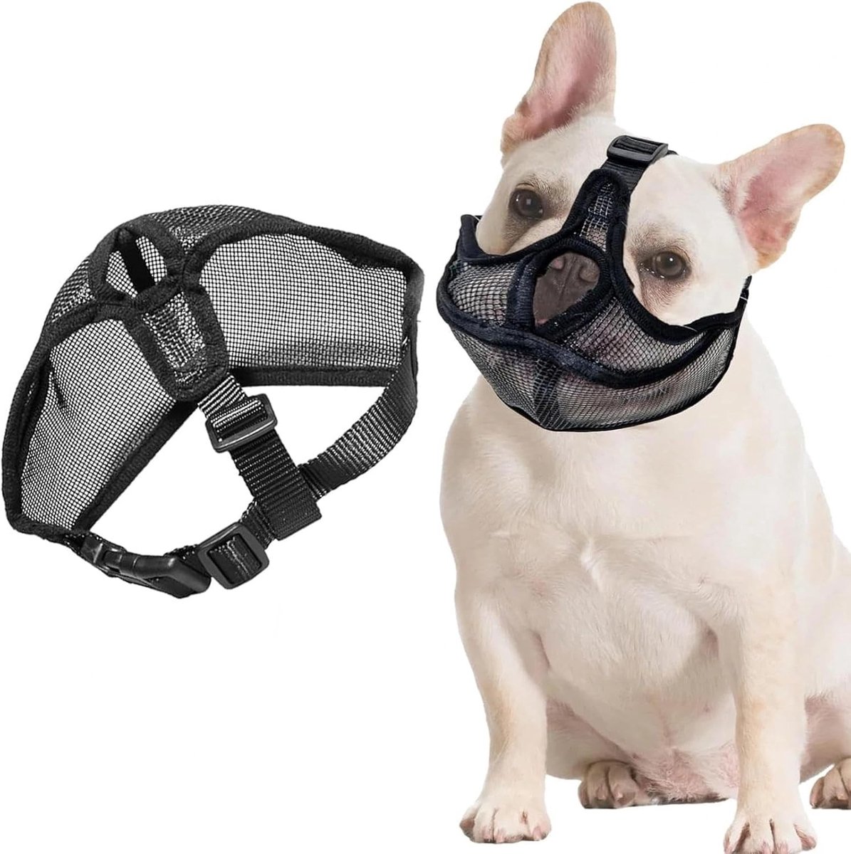 Verstelbare Hondenmuilkorf voor Franse Bulldog, Ademend Mesh, Geschikt voor Drinken en Voeden, Anti-Bijten en Blaffen (Maat M)