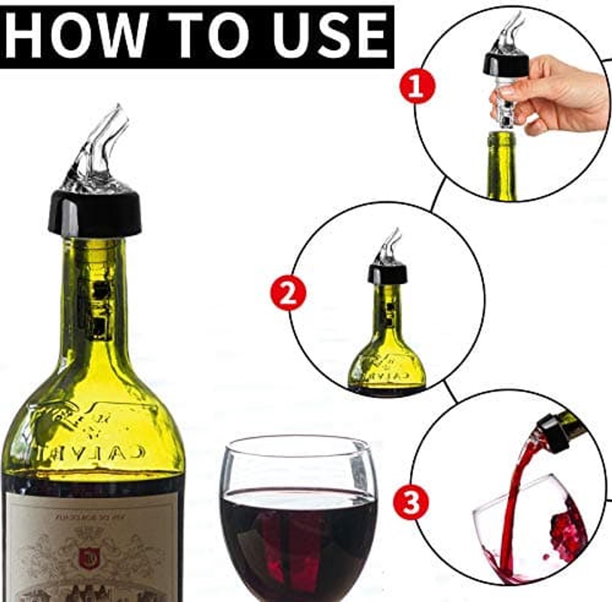 Een set van 6 drankdispensers, bestaande uit een maatbeker van 28 ml, een klein doseerapparaat en een automatisch doseersysteem, geschikt voor tequila, cocktails, whisky en rum.