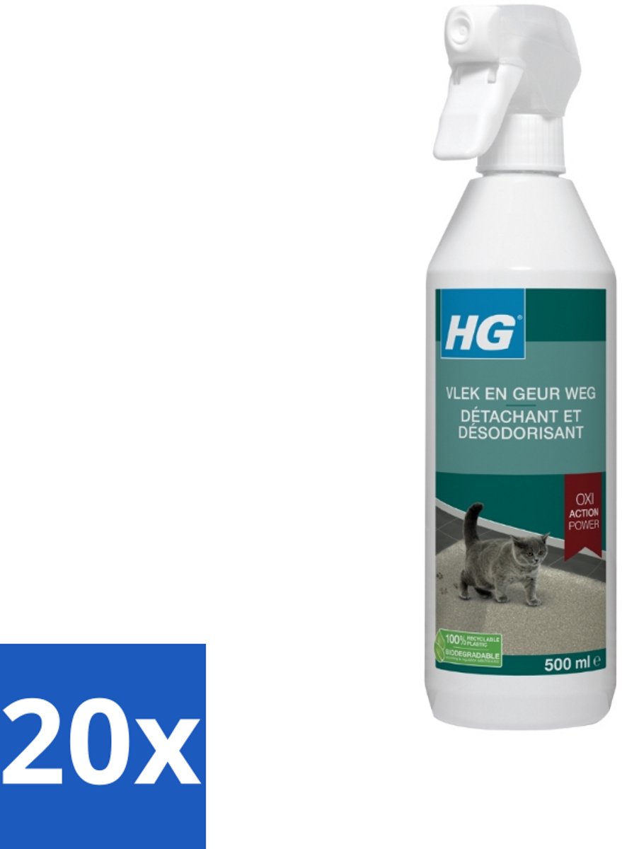 20 x HG - Vlek & Geur Weg - Tegen Kattengeuren- Oxi Action Power - 100% Biologisch - 500 ml - Vlek Verwijderen - Geur Weg - Katten Vlek - Katten Geur - Tapijt Reinigen