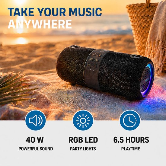 Nedis Bluetooth-Speaker - Maximale batterijduur: 6.5 uur - Handheld Ontwerp - 40 W - Stereo - Ingebouwde microfoon - IPX6 - Koppelbaar - Zwart van Nedis — afbeelding 3