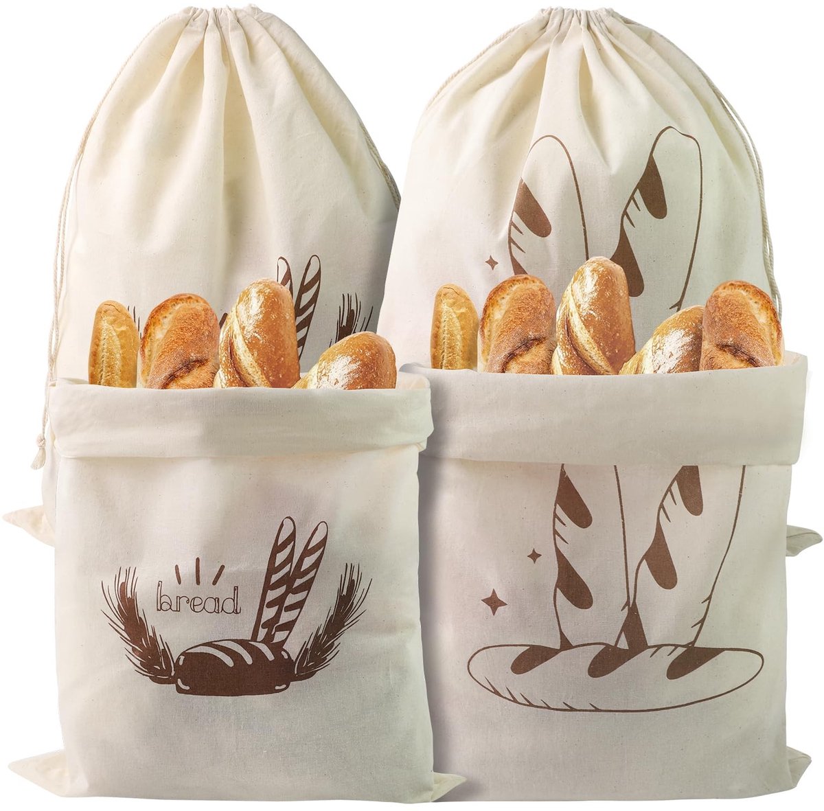 Elzusha- Broodzak Herbruikbaar - 4 Stuks - Linnen Ongebleekt - 40 x 30 cm - Trekkoord - Bewaren van Brood/Groenten/Fruit - Voedselzak