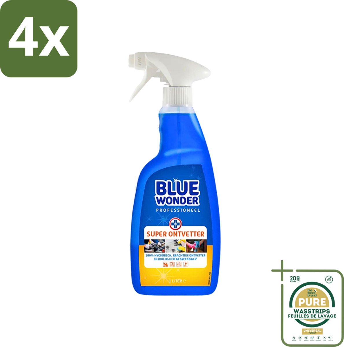 Blue Wonder Professionele Superontvetter Spray 1 liter - Voordeelverpakking - 4 stuks - Keukenreiniger - Badkamerrreiniger
