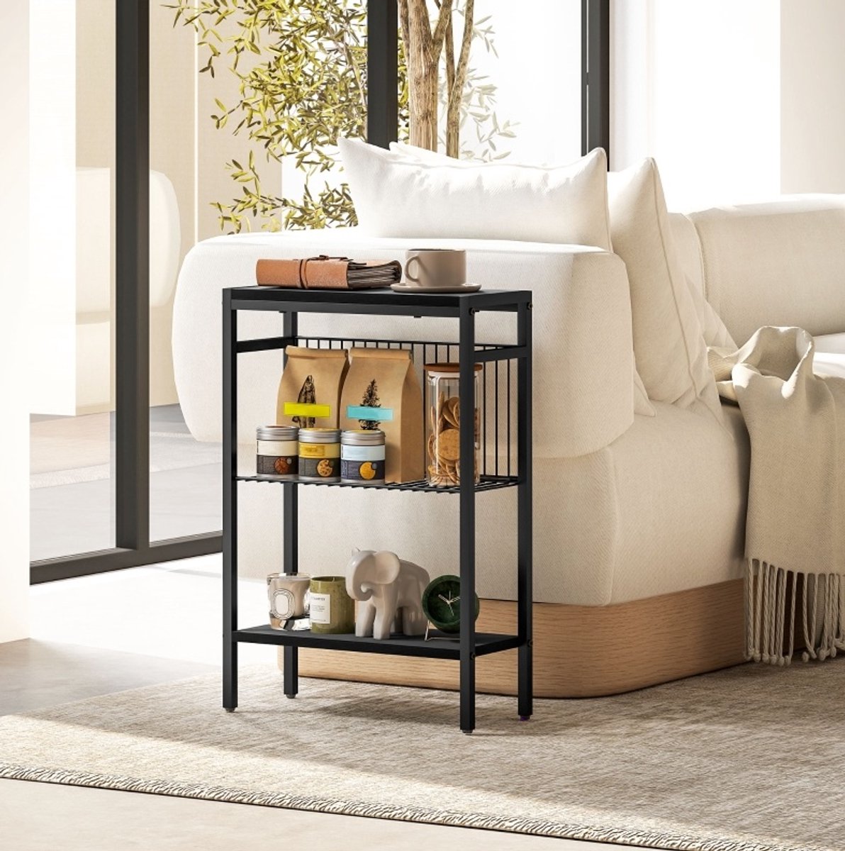 OKWISH Bijzettafel - Industrieel - 2 Planken - Staalframe En Spaanplaat - Voor Woonkamer En Slaapkamer - Zwart - 43x18x62,5 Cm
