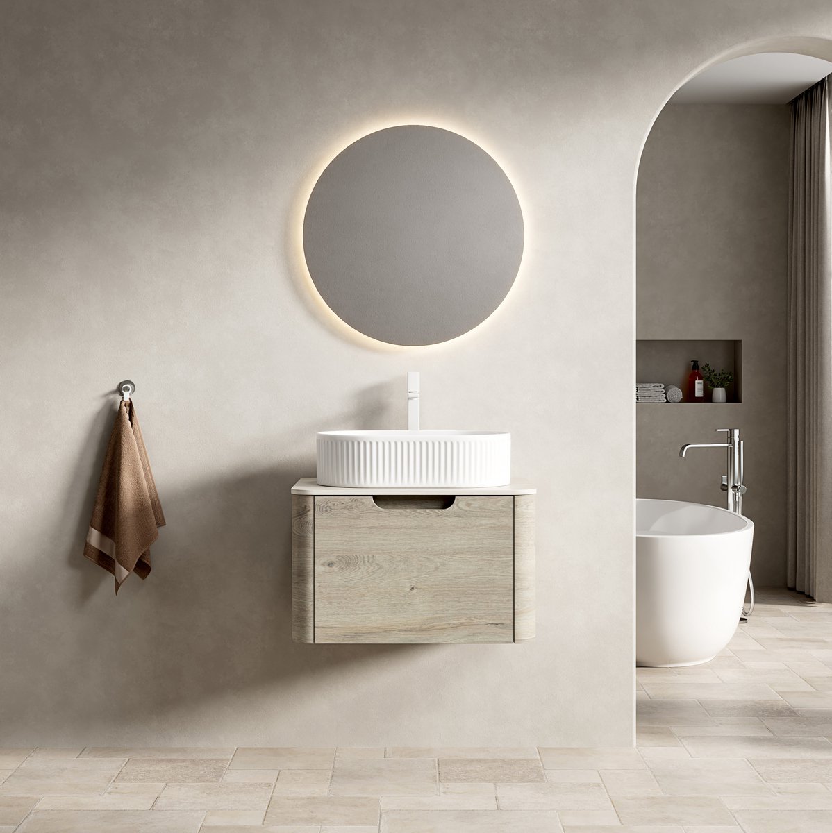 OKWISH Badkamermeubel – Hangend Wastafelmeubel 60x46x50,2 cm – 1 Lade Met Zachtsluiting – Keramische Waskom – Travertin Sintersteen – Beige