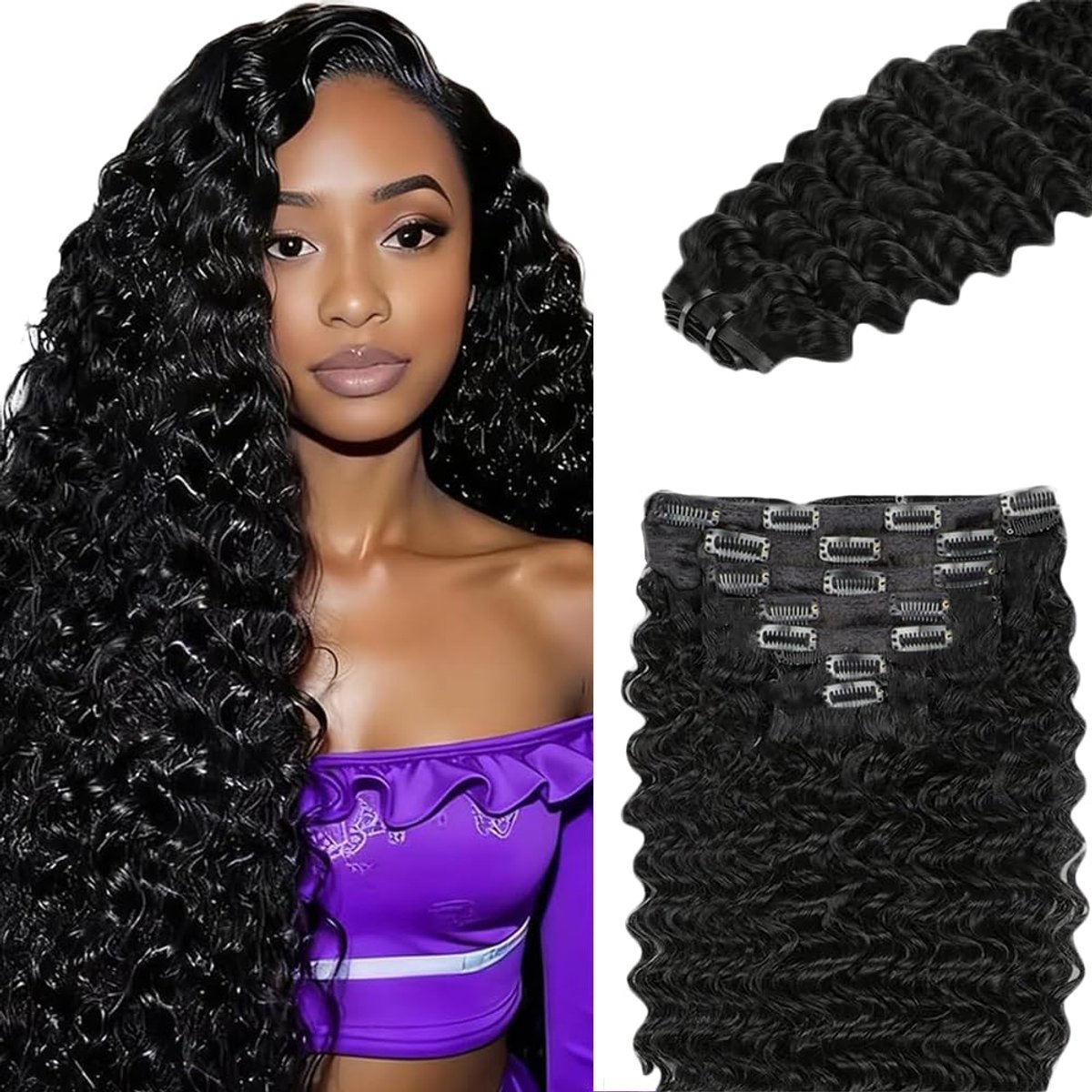 Creuost Deep Wave Clip in Hair Extensions Brasilien Echthaar Unprocessed Brazilian Virgin Hair Weave #1B Natural Black - ShopVlot
