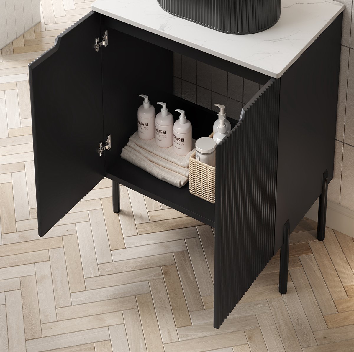 OKWISH Badkamerkast – Vrijstaand – 76 x 48 x 75 cm – 2 Deuren – Opbergruimte Voor Badkamer – Moderne Stijl – Zwart