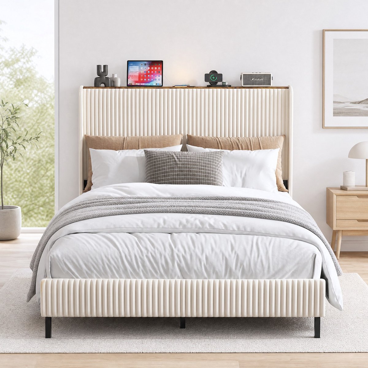 Wishdor Bedframe 140x200 cm - Gestoffeerd platformbed - Hoofdbord met kanaalstiksel en metalen latten - Klassiek design - Slaapkamer - Stof en metaal - Beige en creme