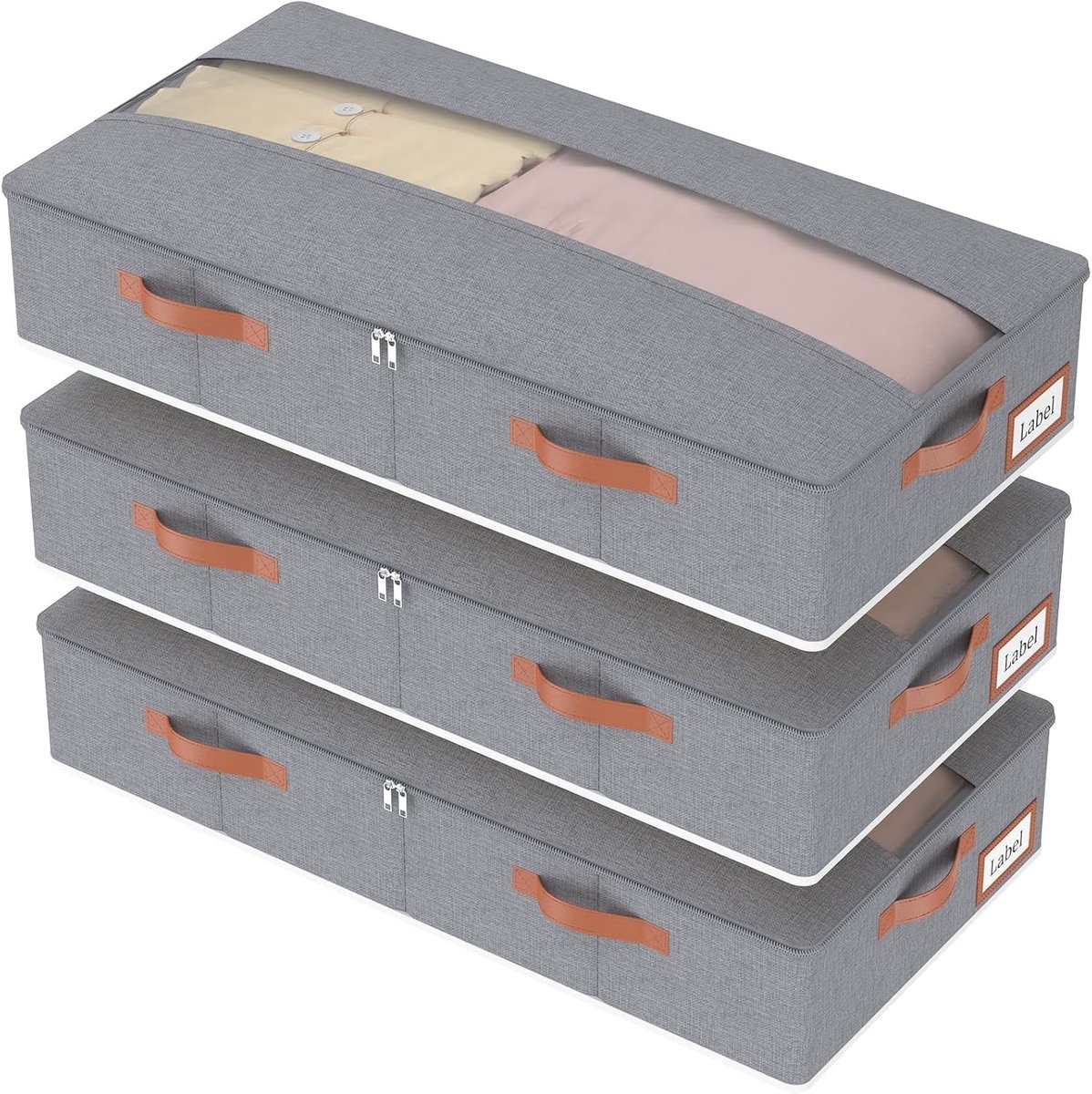 3-delige Onderbed Opbergdozen, Vouwbare Opbergzakken met Doorzichtig Deksel en Handvatten, Ideaal voor Slaapkamer, 80x40x15cm, Grijs, Ruimtebesparend en Organisatieoplossing