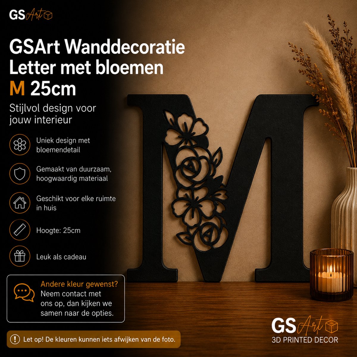 GSArt Wanddecoratie Letter met Bloemen – 25 cm - M