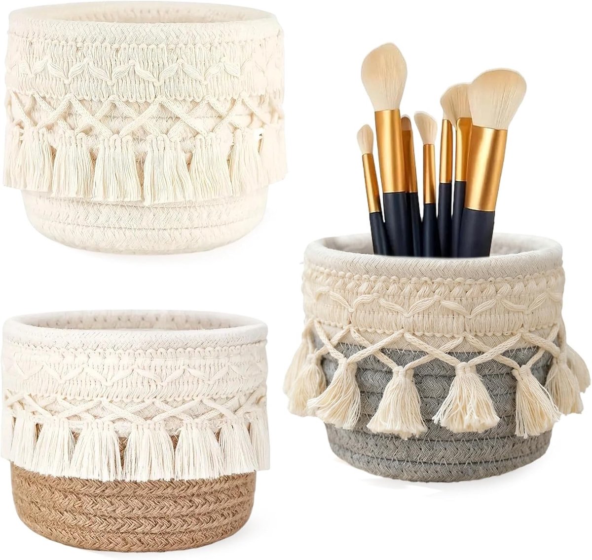 Set van 3 Boho Borstelhouders voor Cosmetica - Mini Opbergmanden voor Make-up Tafel, Ideaal voor Kleine Badkamers en Organisatie van Schoonheidsproducten (12 x 10 cm)