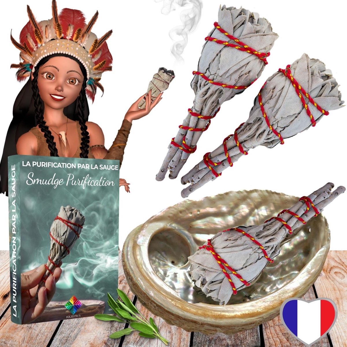 Elzusha - Witte salie voor reiniging - Set van 3 stokken met abalone schelp