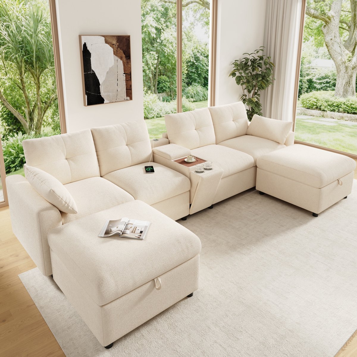 COVREO U-bank 316 x 140 x 84,5 cm beige chenille, modulaire hoekbank