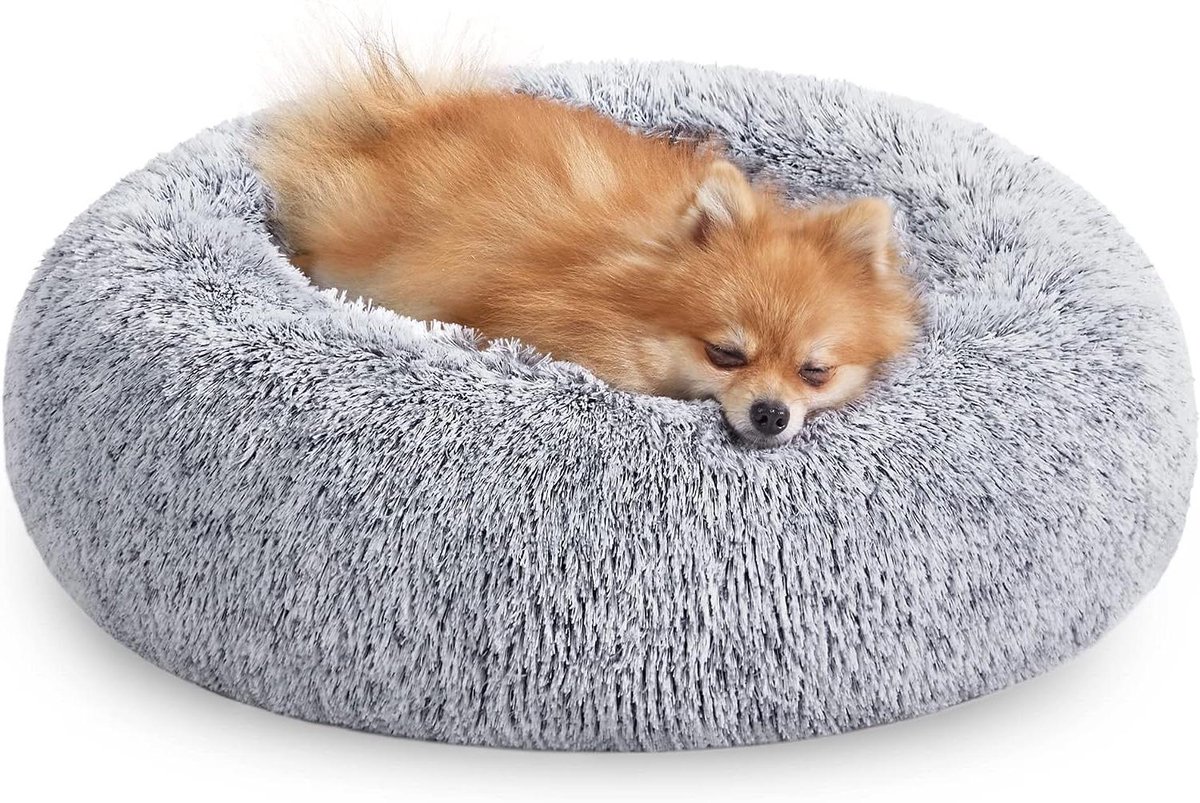 Hondenmand Kattenmand - Donut Kussen - Comfortabel Rusten - Lange Pluche Vacht - 60 cm Diameter - Ombre Grijs