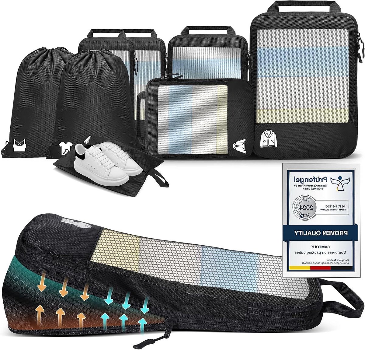 Compressie Packing Cubes - Reisorganizer Set - Bagage Opbergen - Ruimtebesparend Ontwerp - 8 Delig - Zwart