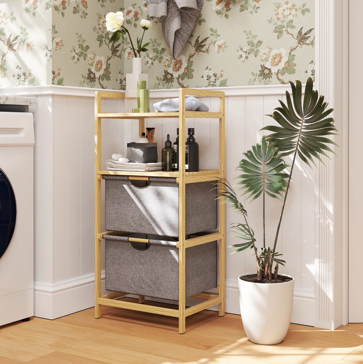 REDOM - Wasserijrek met wasmanden - 2 uitneembare wasmanden - 2 open legplanken - met handgrepen - voor badkamer - bamboe - Naturel hout - 44 x 34 x 96 cm