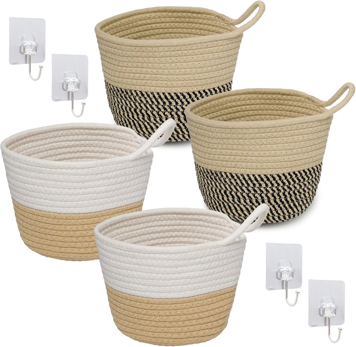 Set van 4 Ronde Opbergmanden van Katoen met Handvatten - Ideaal voor Badkamer, Slaapkamer en Woonkamer, 15x16cm