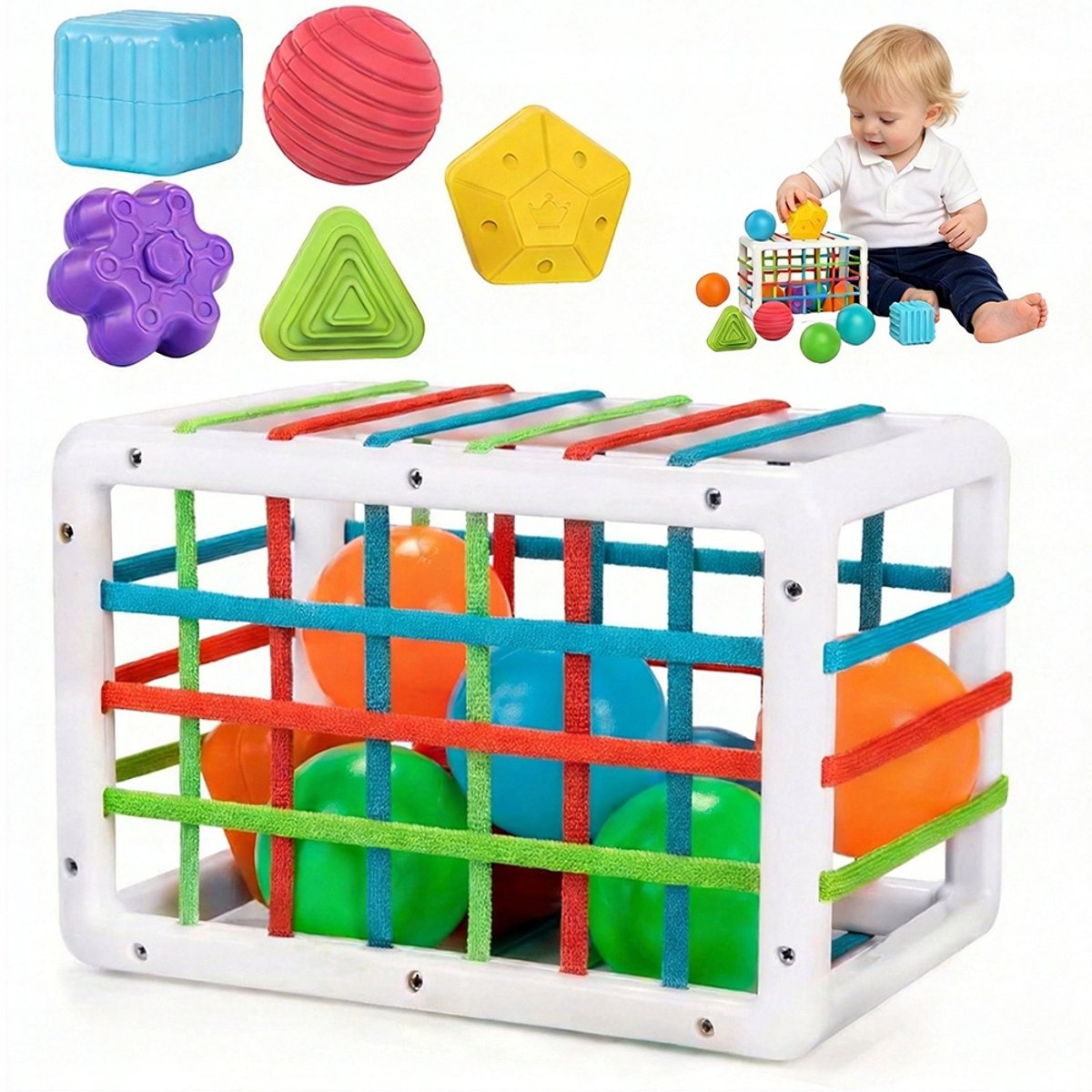 Montessori Activiteiten Kubus - Sensorisch Speelgoed - Stapeltoren - Vormenstoof - Speelkubus - 12 Bouwblokken - Fijne Motoriek & Grijpen - BPA-vrij & Veilig - Baby Speelgoed - Voor Baby's & Peuters - Educatief Speelgoed