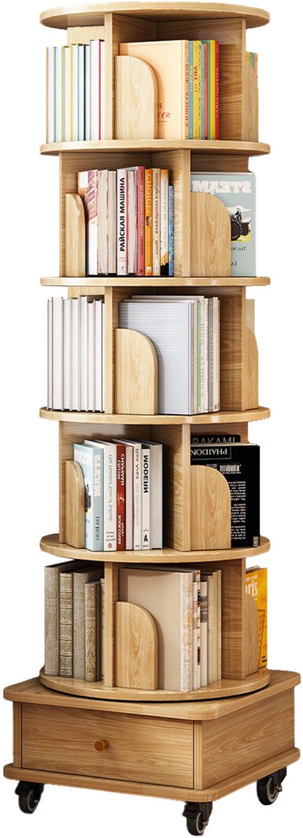 360 graden draaibare boekenkast - 6-laags rond boekenrek - boekenkast met wielen en lade - 46x46x173 cm - Roterend - Slaapkamer Houtkleur
