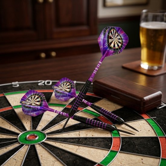 Paars zwart dartpijlen set 3 stuks 24g dartpijlen heren dames metalen punt professionele darts met paarse shafts en dartbord flights — afbeelding 5