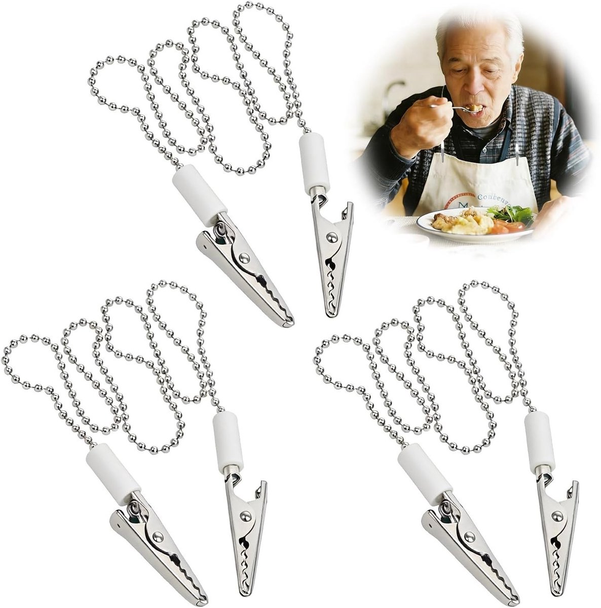Robuuste Servetketting van RVS met Clip, 48cm Bib Chain voor Senioren en Volwassenen, Transformeert Doeken in Slabbetjes, Duurzaam en Praktisch