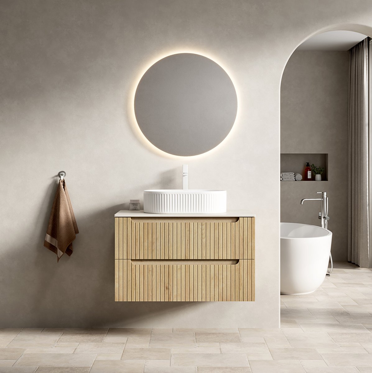 STILVORA Badkamermeubel - Hangend Met Ovale Waskom En 2 Lades - Voor Badkamer - Keramiek En Hout - 80 x 46 x 48 cm - Wit;Witte Eik