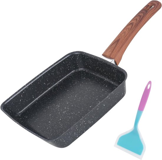 Omeletpan met houten handvat, ideaal voor tamagoyaki, antiaanbaklaag, geschikt voor inductie en gasfornuis, perfect voor ontbijt en gebakken eieren