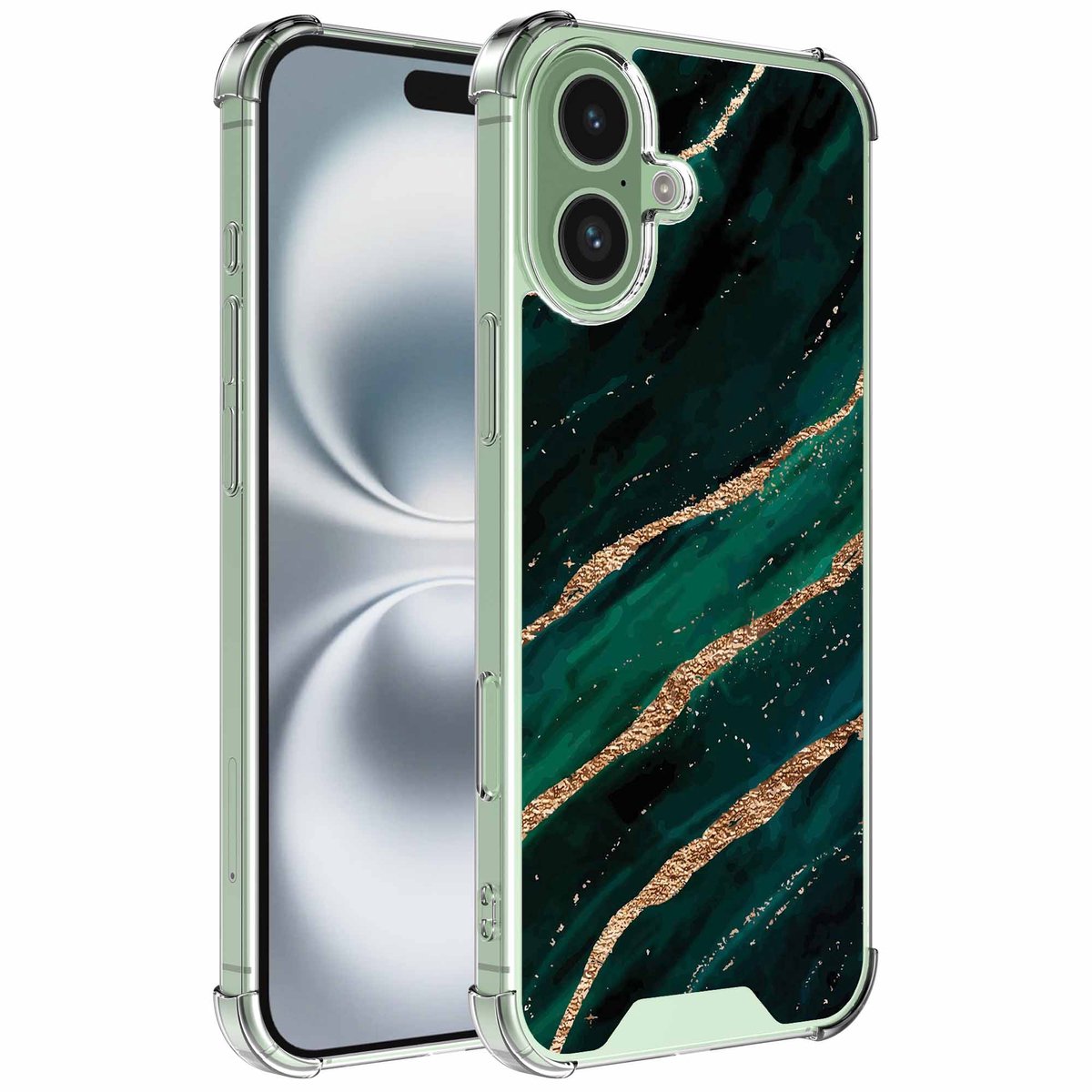 Smartphonica Geschikt voor iPhone 16 Plus Telefoonhoesje met Goud Groen Marmer opdruk - Draadloos op te laden - Shockproof Siliconen TPU Strong Case - Sterk Schokbestendig Telefoonhoesje geschikt voor iPhone 16 Plus