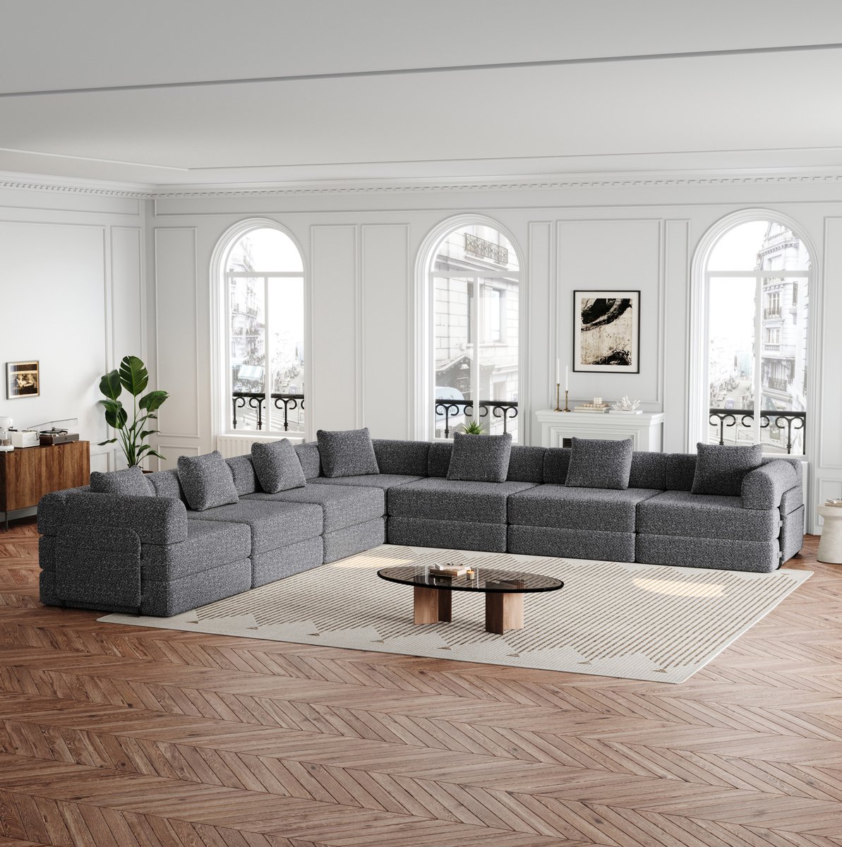 REDOM - Slaapbank - 2-in-1 slaapfunctie - Opbergruimte in armleuning - Modulair - Metalen frame - Chenille - Grijs - 274 x 183,8 x 69,8 cm
