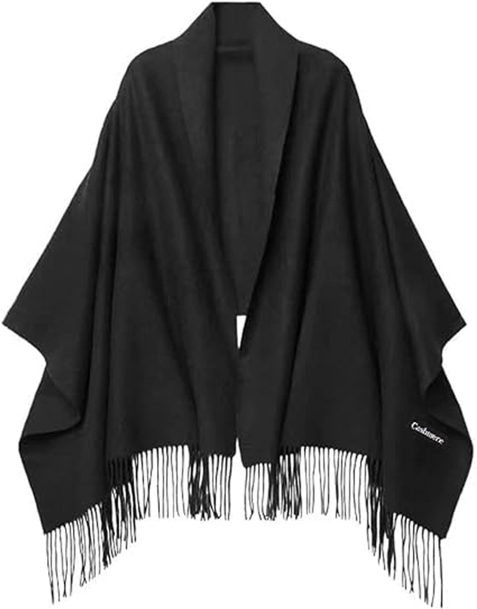 Elegante sjaals en omslagdoek voor dames voor avondjurken, grote zachte sjaal met franjes, effen bruidssjaal, 200 x 70 cm, Zwart