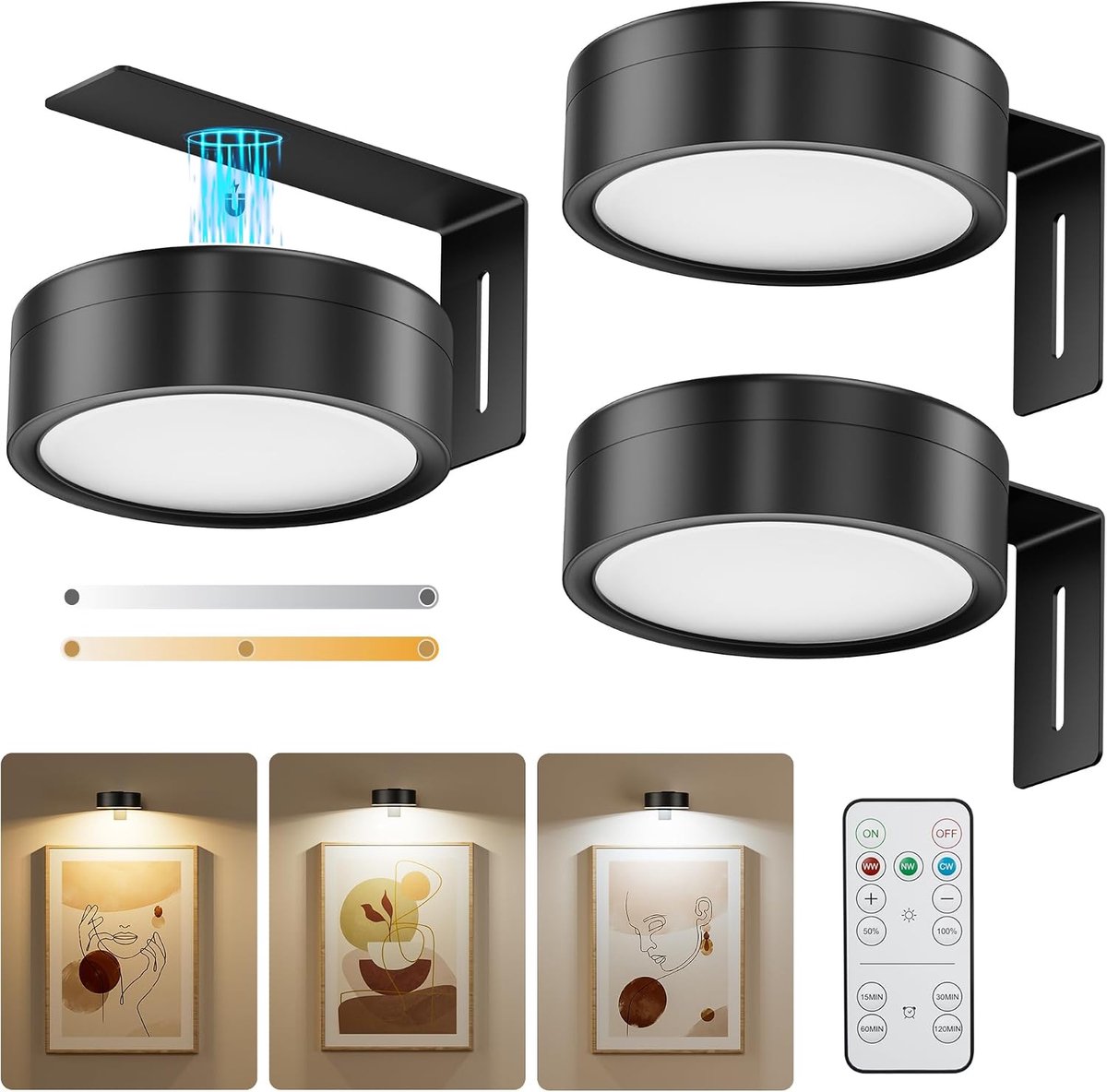 KZQ Schilderijverlichting draadloos - Oplaadbare wandlamp met afstandsbediening, timer, 3 kleurtemperaturen en dimfunctie - Voor kunst, fotolijsten en woondecoratie - 3 stuks, zwart
