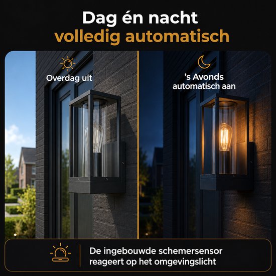 Wandlamp met dag- en nachtmodus, schakelt automatisch aan/uit bij schemering.