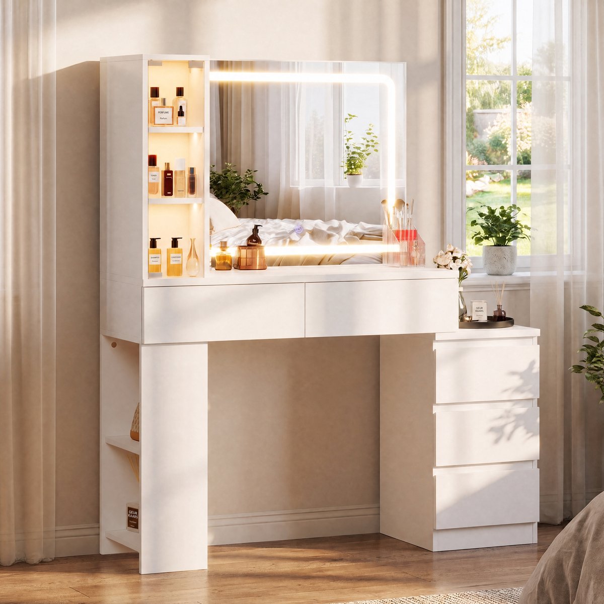 Devoko Kaptafel 127 x 40 x 138 cm - Matte Structuurafwerking - Verlichte Vitrinekast, LED-Spiegel met 3 Lichtkleuren, 2 Stopcontacten, USB en USB-C - Wit