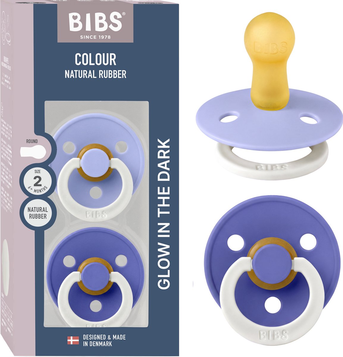 BIBS Colour Glow Fopspeen - 6-18 mnd - 2-pack - Rond - Hush/Grape