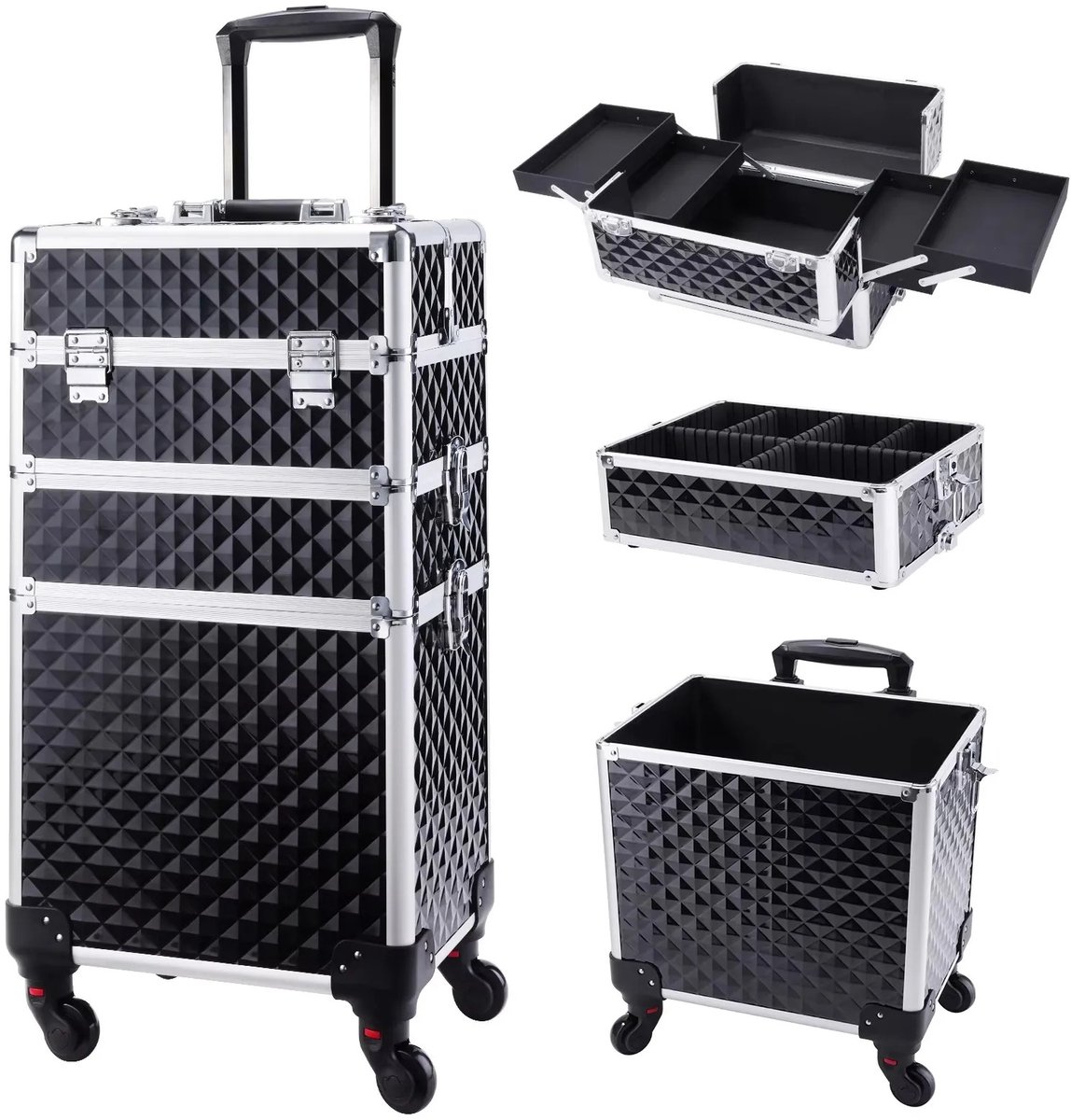 Vurnomi Make up trolley – Make up koffer – Beautycase dames - Kapperskoffer – Cosmetica koffer op wielen – Afsluitbaar - Zwart