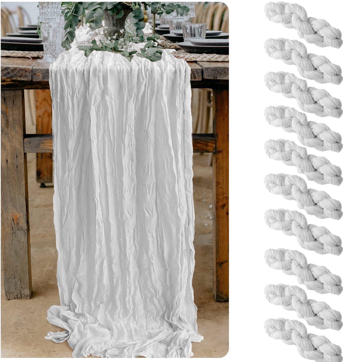 Elzusha - Cheesecloth Tafelrunner Set van 10 - Boho Wit 90 x 300 cm